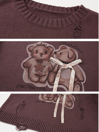 DIDDI MODA Kissing Bear Print 3d Bow Distressed Loose Women&