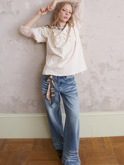 DIDDI MODA Kitten Print Bow Tie Faux Layered Women&
