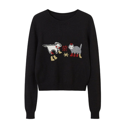 DIDDI_MODA_Kitten_Puppy_Embroidered_Low_Round_Neck_Loose_Women&