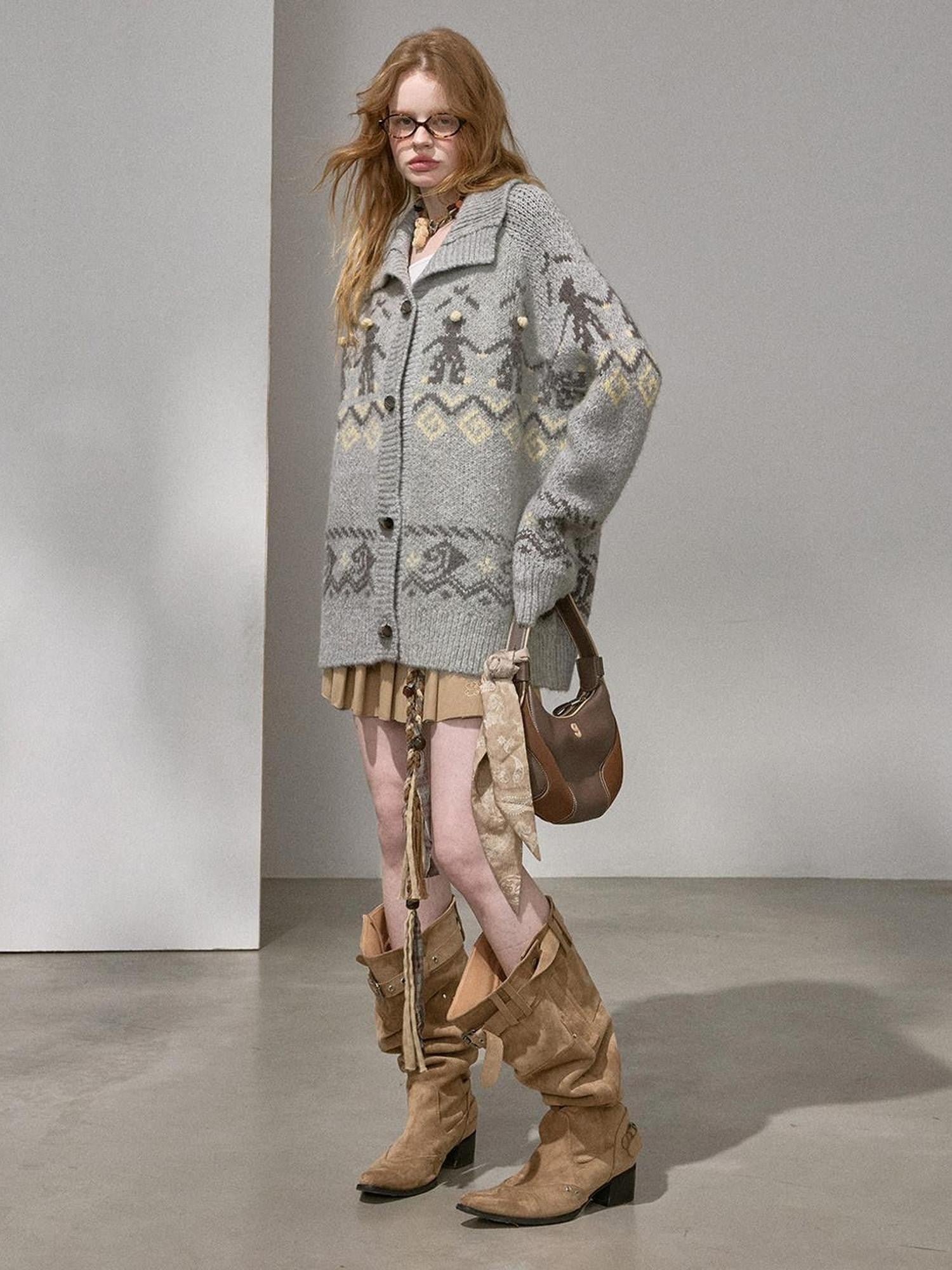 DIDDI MODA Knit Cardigan Pony Sweater Curved Pants Women&