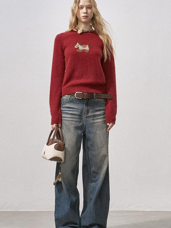 DIDDI MODA Knit Cardigan Pony Sweater Curved Pants Women&