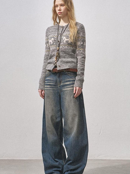 DIDDI MODA Knit Cardigan Pony Sweater Curved Pants Women&