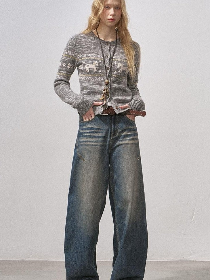 DIDDI MODA Knit Cardigan Pony Sweater Curved Pants Women&