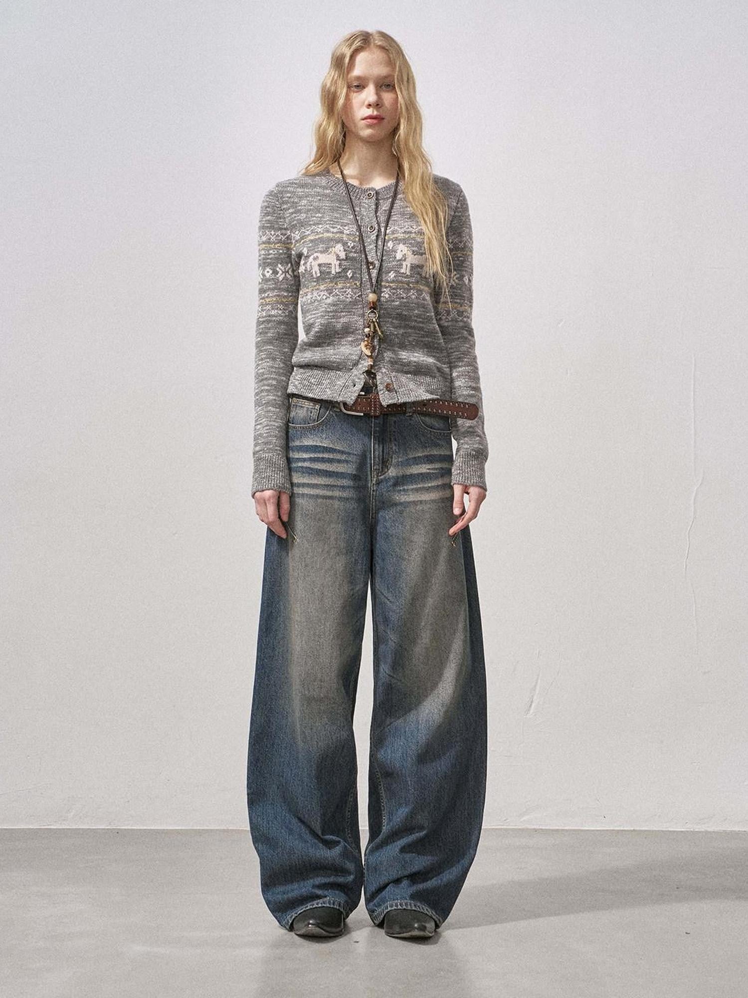 DIDDI MODA Knit Cardigan Pony Sweater Curved Pants Women&