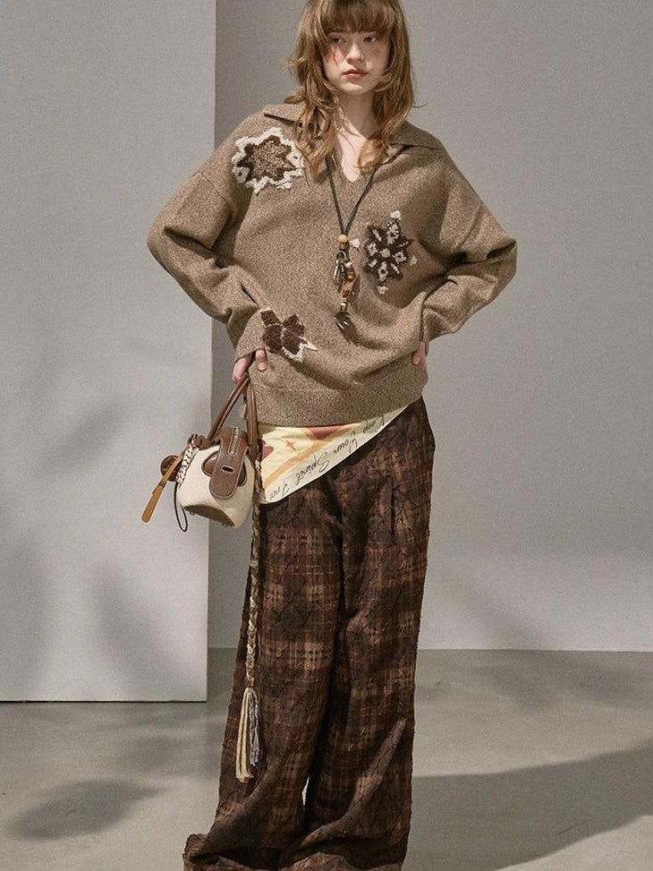 DIDDI MODA Knitted Cardigan Sweater Plaid Loose Fit Women&
