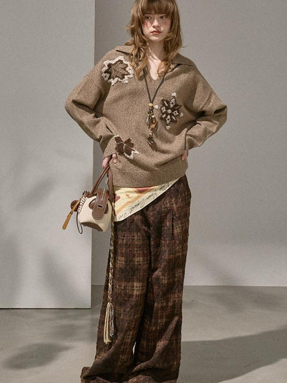 DIDDI MODA Knitted Cardigan Sweater Plaid Loose Fit Women&