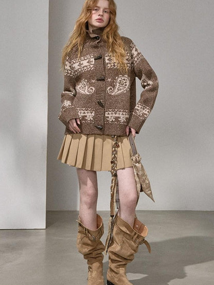 DIDDI MODA Knitted Cardigan Sweater Plaid Loose Fit Women&