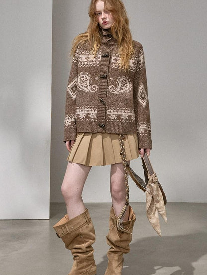 DIDDI MODA Knitted Cardigan Sweater Plaid Loose Fit Women&