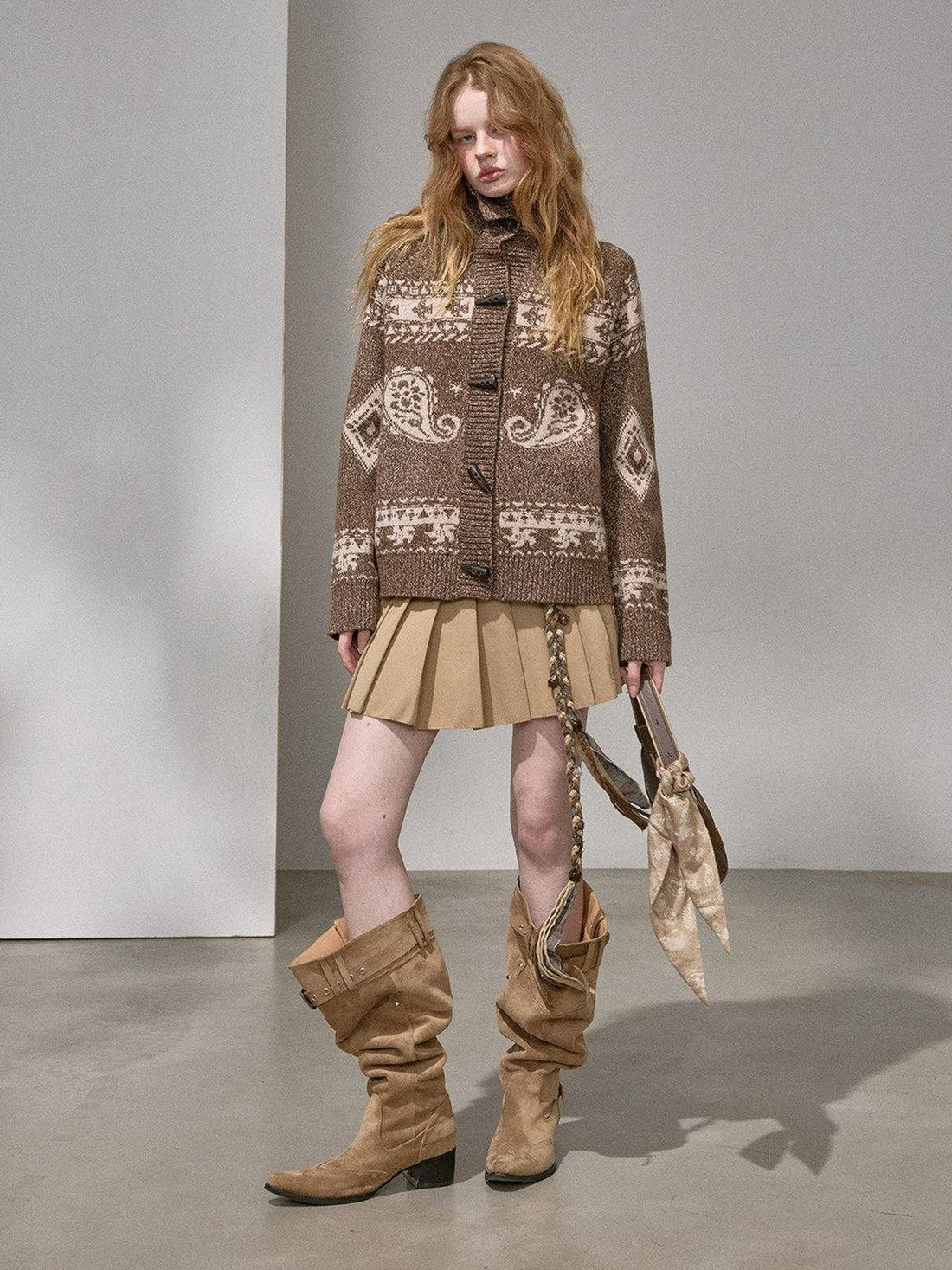 DIDDI MODA Knitted Cardigan Sweater Plaid Loose Fit Women&