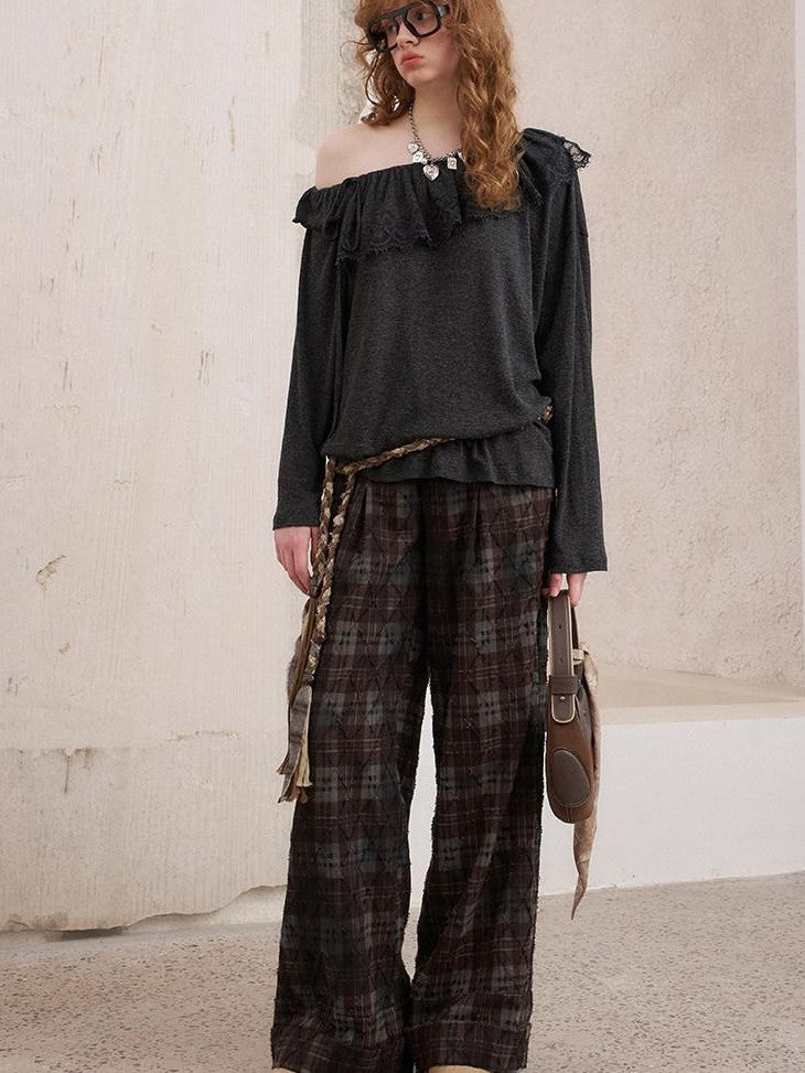 DIDDI MODA Knitted Cardigan Sweater Plaid Loose Fit Women&