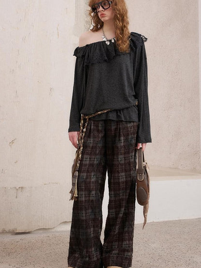 DIDDI MODA Knitted Cardigan Sweater Plaid Loose Fit Women&