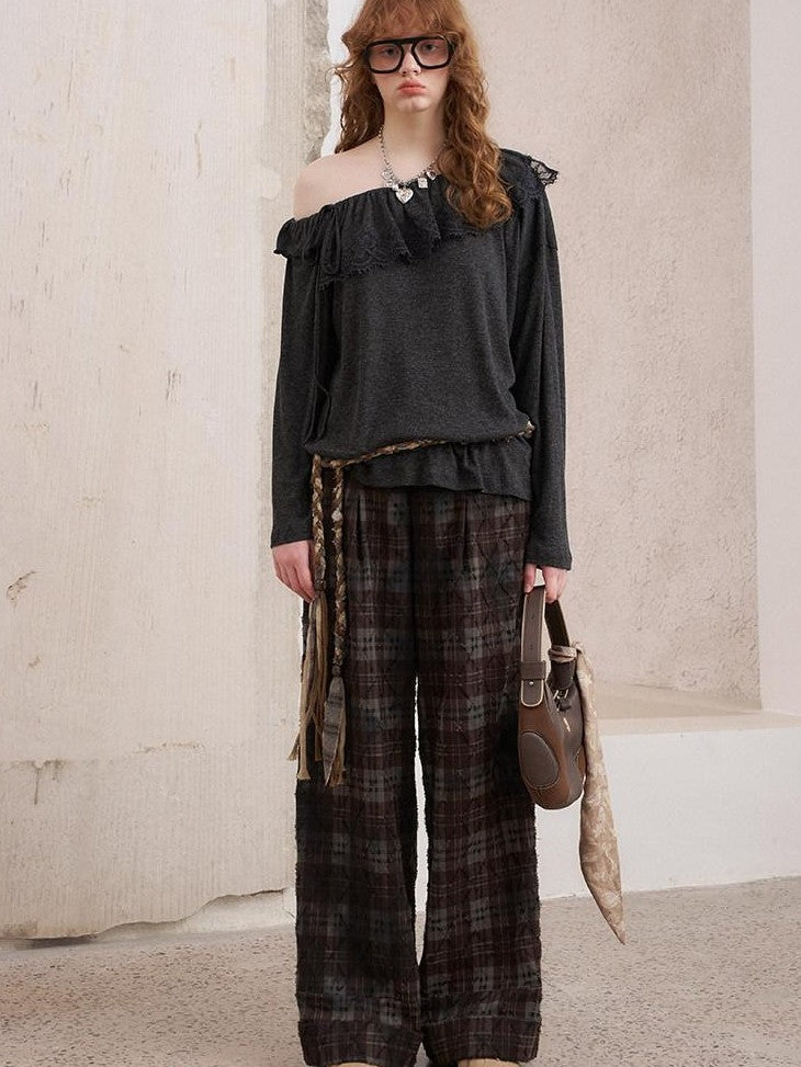 DIDDI MODA Knitted Cardigan Sweater Plaid Loose Fit Women&