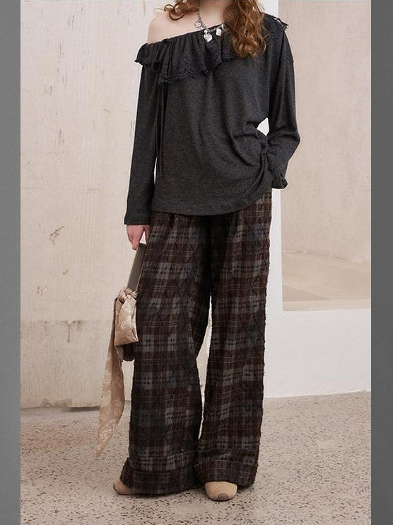 DIDDI MODA Knitted Cardigan Sweater Plaid Loose Fit Women&