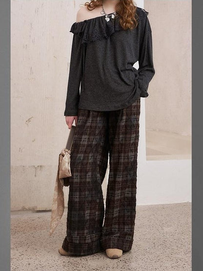 DIDDI MODA Knitted Cardigan Sweater Plaid Loose Fit Women&
