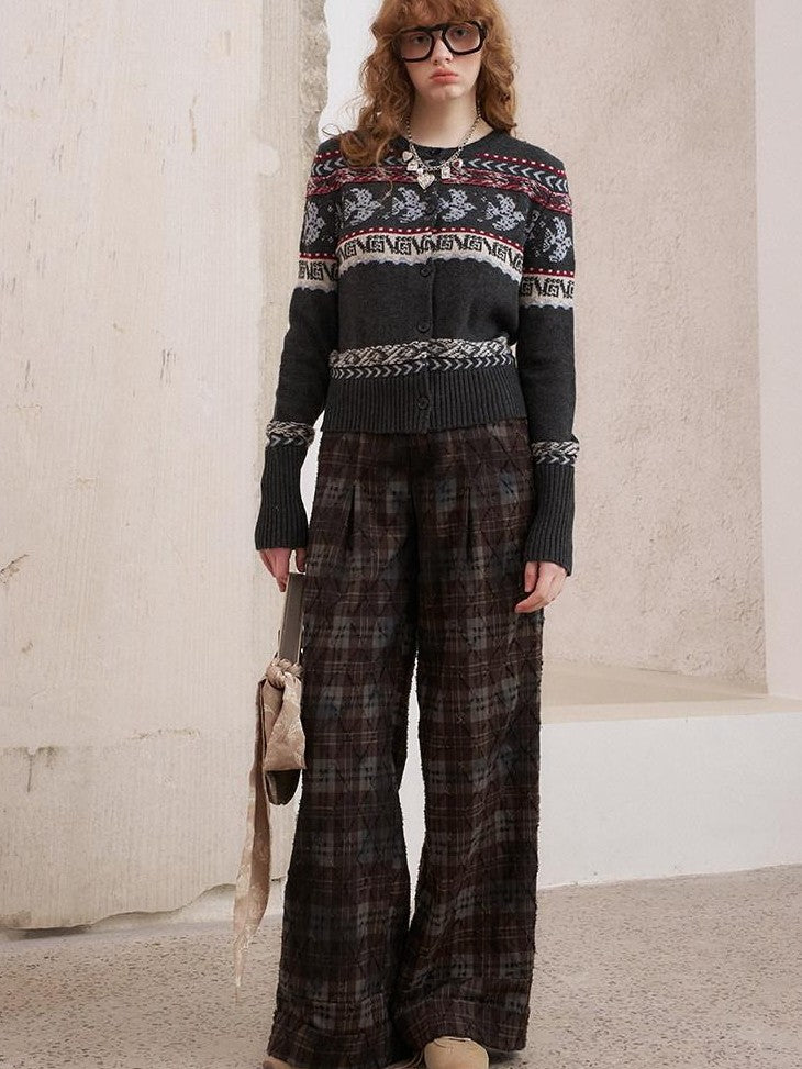 DIDDI MODA Knitted Cardigan Sweater Plaid Loose Fit Women&