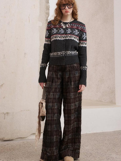 DIDDI MODA Knitted Cardigan Sweater Plaid Loose Fit Women&