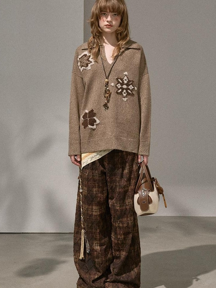 DIDDI MODA Knitted Cardigan Sweater Plaid Loose Fit Women&