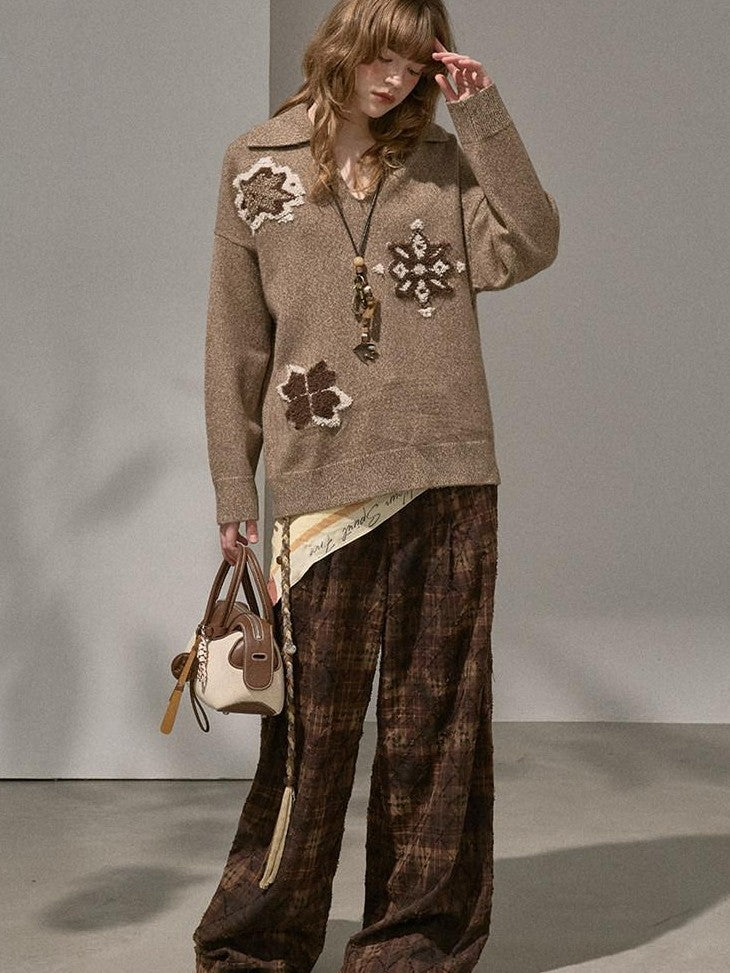 DIDDI MODA Knitted Cardigan Sweater Plaid Loose Fit Women&