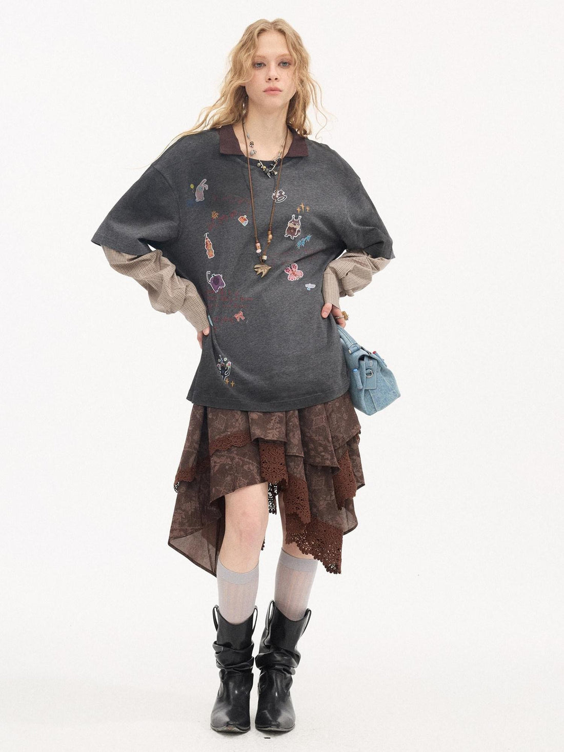 DIDDI MODA Lace Panel Asymmetrical Pleated Layered Printed Women&