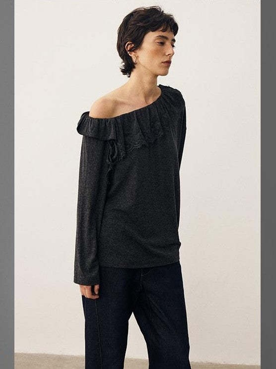DIDDI MODA Lace Panel Ruched Long Sleeve Women&