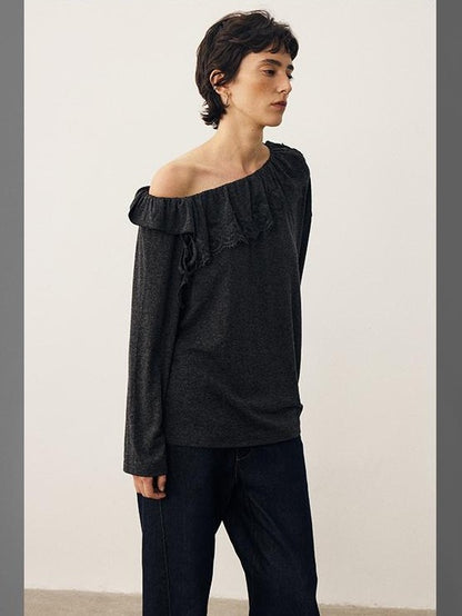 DIDDI MODA Lace Panel Ruched Long Sleeve Women&
