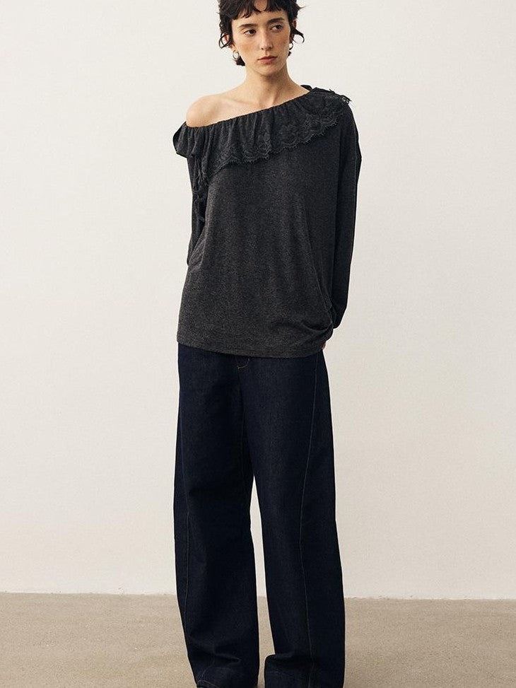 DIDDI MODA Lace Panel Ruched Long Sleeve Women&