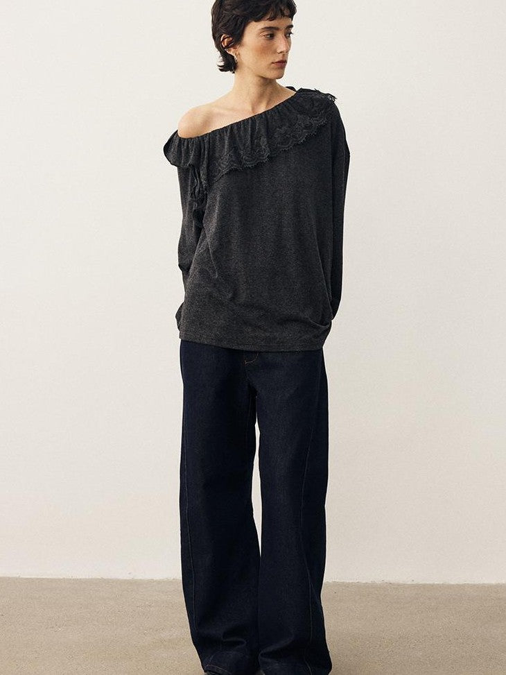 DIDDI MODA Lace Panel Ruched Long Sleeve Women&