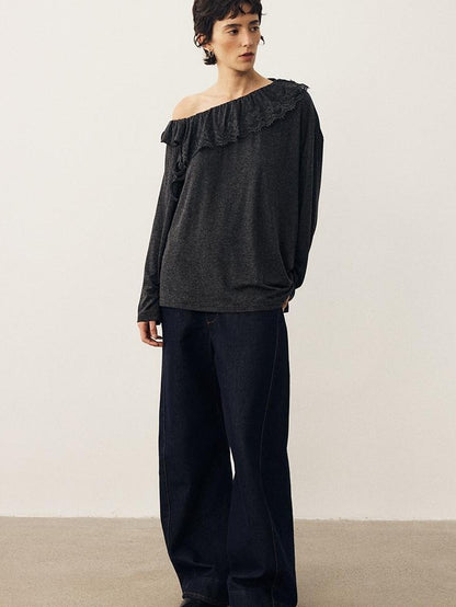 DIDDI MODA Lace Panel Ruched Long Sleeve Women&