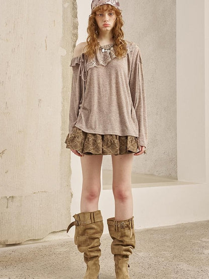 DIDDI MODA Lace Panel Ruched Long Sleeve Women&