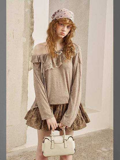 DIDDI MODA Lace Panel Ruched Long Sleeve Women&
