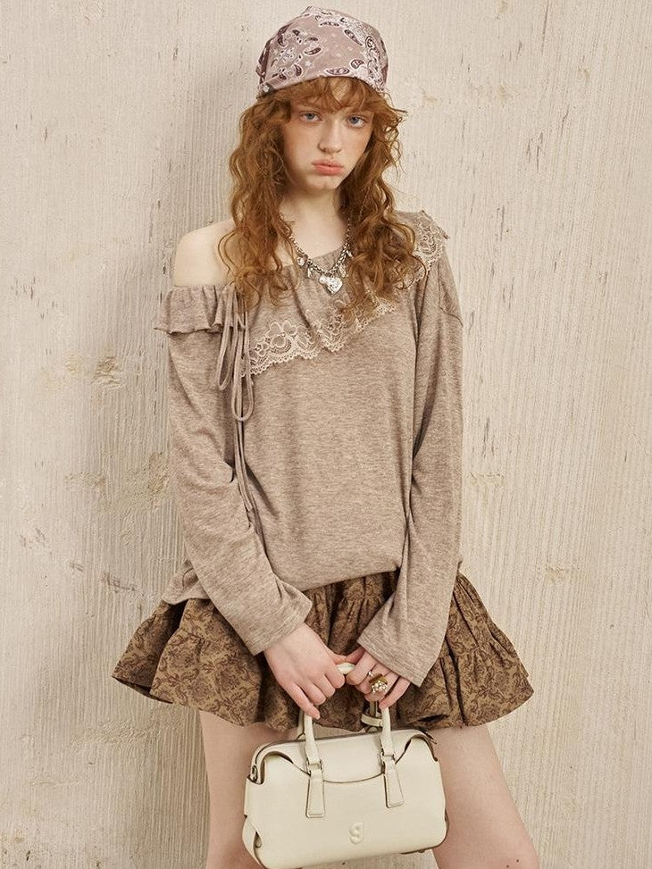 DIDDI MODA Lace Panel Ruched Long Sleeve Women&