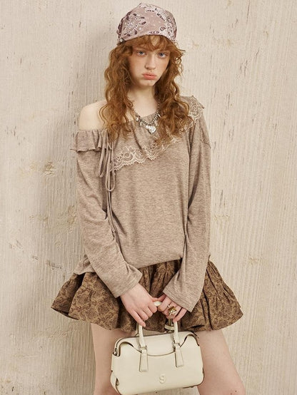 DIDDI MODA Lace Panel Ruched Long Sleeve Women&