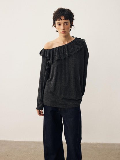 DIDDI MODA Lace Panel Ruched Long Sleeve Women&