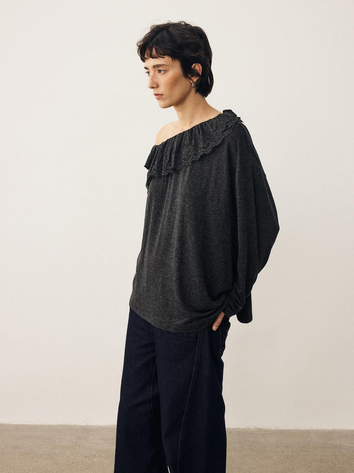 DIDDI MODA Lace Panel Ruched Long Sleeve Women&