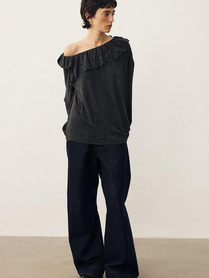 DIDDI MODA Lace Panel Ruched Long Sleeve Women&