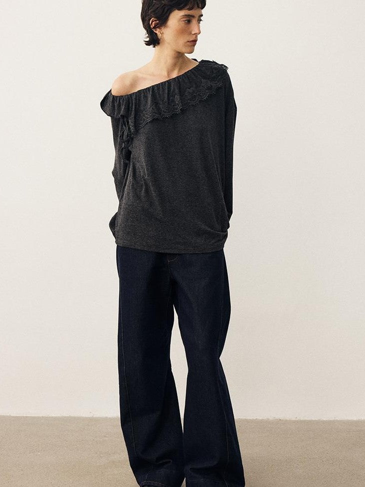 DIDDI MODA Lace Panel Ruched Long Sleeve Women&