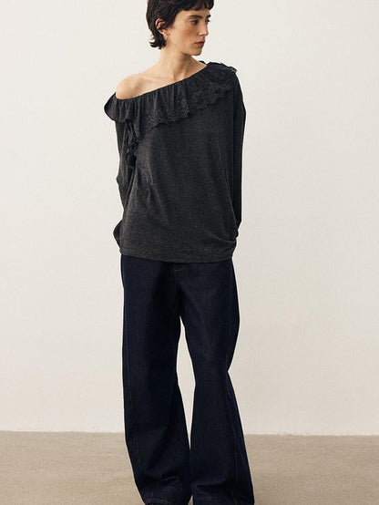DIDDI MODA Lace Panel Ruched Long Sleeve Women&