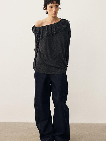 DIDDI MODA Lace Panel Ruched Long Sleeve Women&