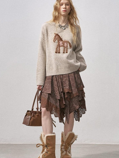 DIDDI MODA Lace Patchwork Irregular Layered Pleated Print Women&