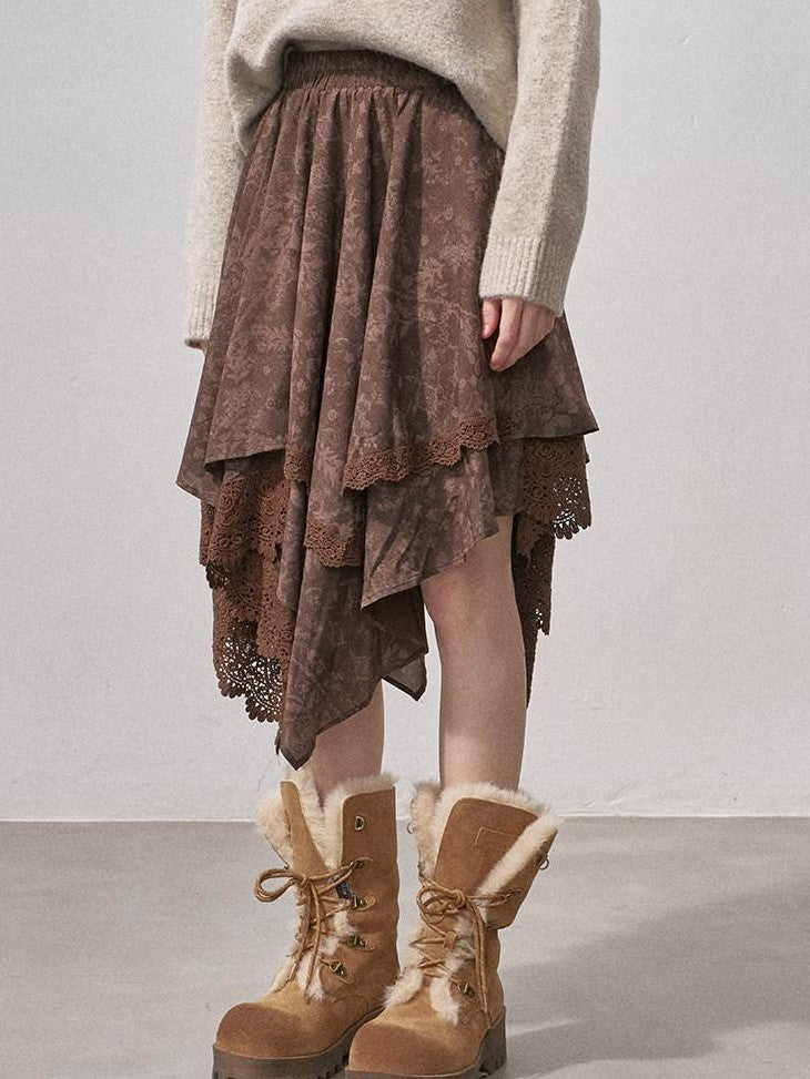 DIDDI MODA Lace Patchwork Irregular Layered Pleated Print Women&
