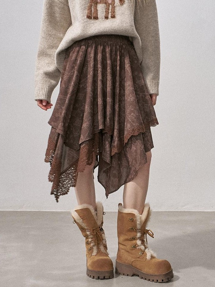 DIDDI MODA Lace Patchwork Irregular Layered Pleated Print Women&