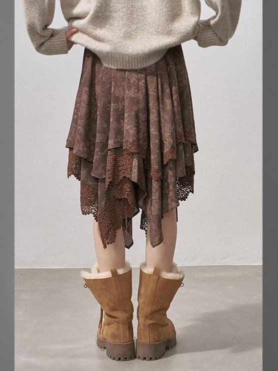 DIDDI MODA Lace Patchwork Irregular Layered Pleated Print Women&