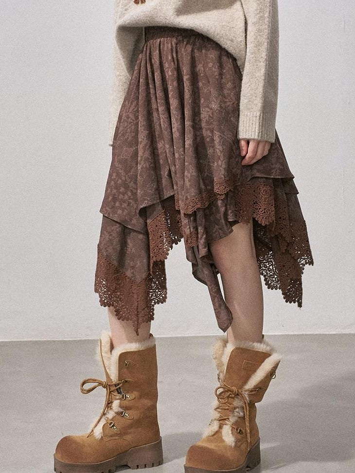 DIDDI MODA Lace Patchwork Irregular Layered Pleated Print Women&