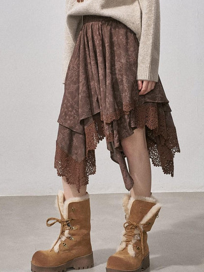 DIDDI MODA Lace Patchwork Irregular Layered Pleated Print Women&