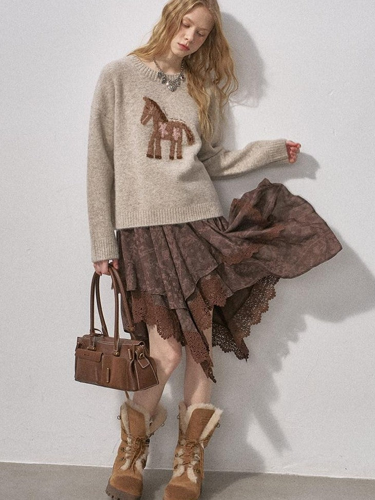 DIDDI MODA Lace Patchwork Irregular Layered Pleated Print Women&