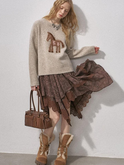 DIDDI MODA Lace Patchwork Irregular Layered Pleated Print Women&