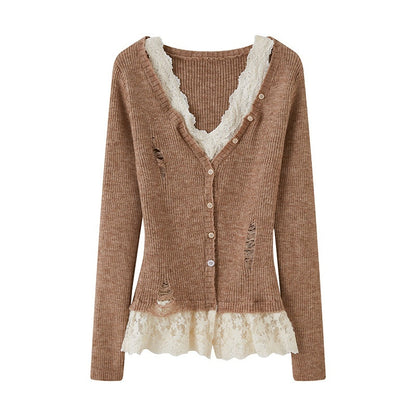 DIDDI_MODA_Lace_Spliced_Faux_Two_Piece_Slim_V-neck_Women&