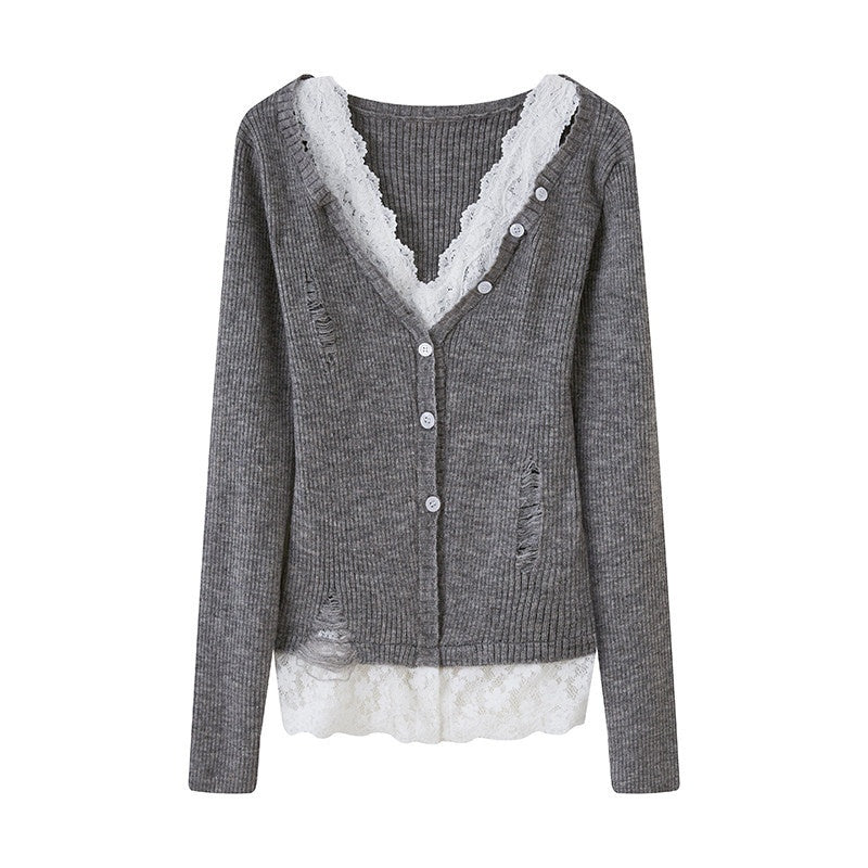 DIDDI_MODA_Lace_Spliced_Faux_Two_Piece_Slim_V-neck_Women&