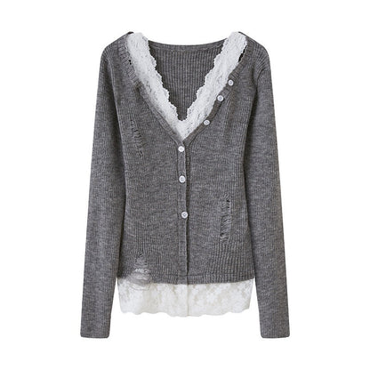 DIDDI_MODA_Lace_Spliced_Faux_Two_Piece_Slim_V-neck_Women&