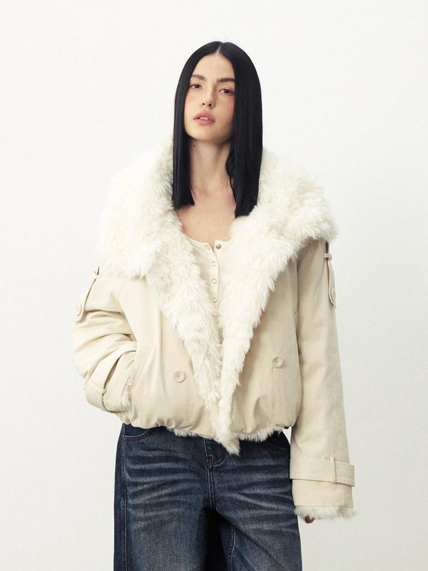 Lapel Collar Fuzzy Trim Double Breasted Women's Puffer Jackets